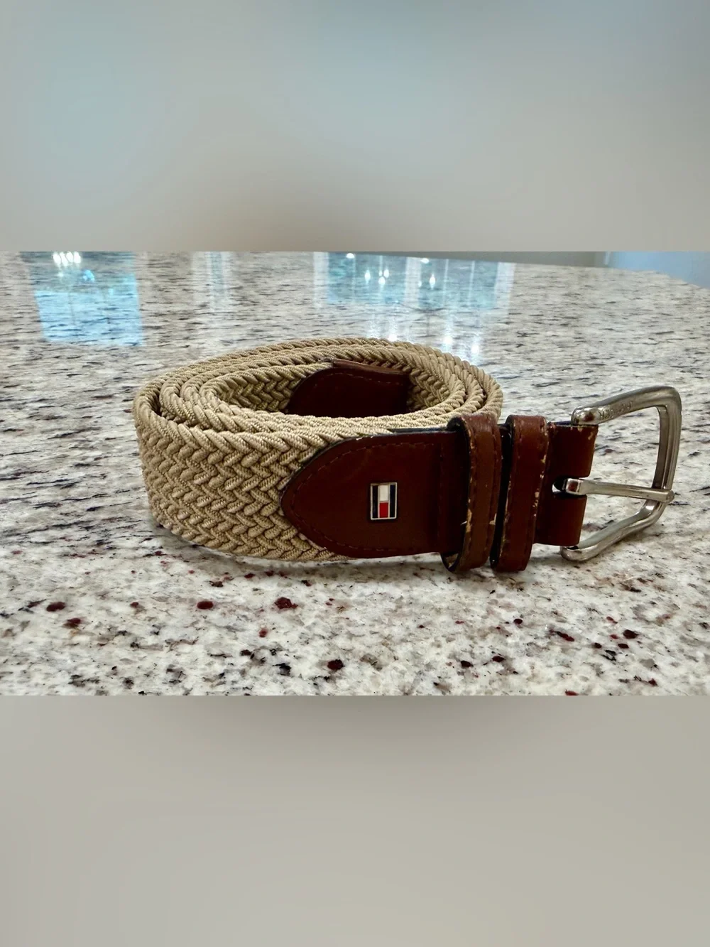 Vtg Y2K Tommy Hilfiger Mens 36-38 Braided Stretch Belt Khaki Brown Leather Logo